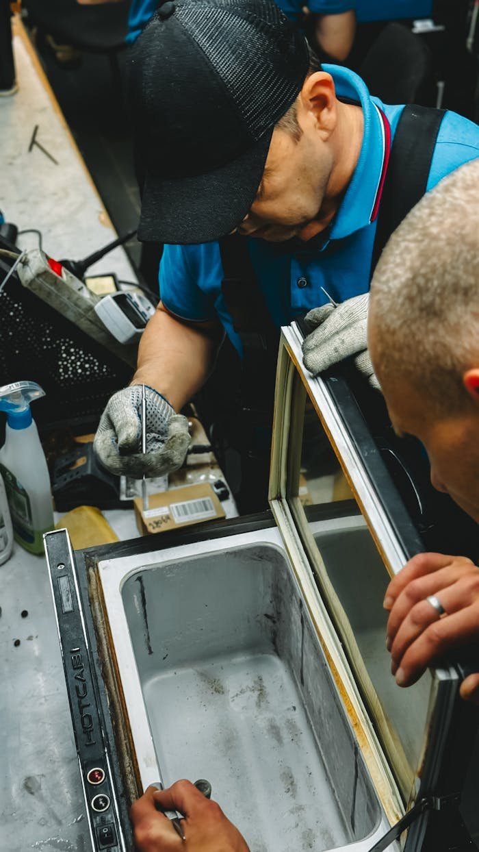 Two technicians work on repairing an industrial freezer in a workshop setting.