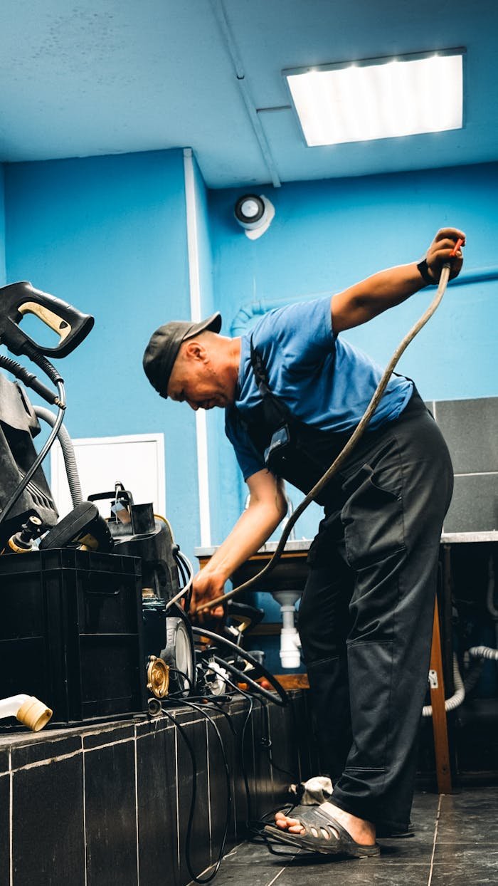 why-choose-us A technician in blue attire repairing equipment in an indoor workshop setting.